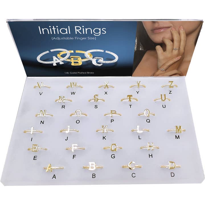 Maya J - Wholesale Band/Stacked Ring - 14K Gold-Plated Adjustable Initial Rings - Full Display