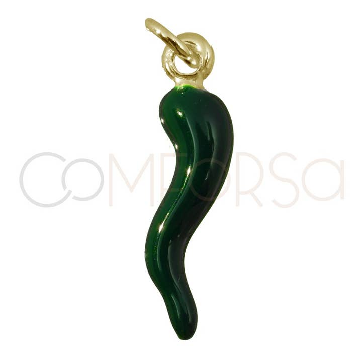 COM FORSA SL - Wholesale Individual Charm/Pendant - Sterling silver 925 green enamelled chilli pendant 5 x 20 mm