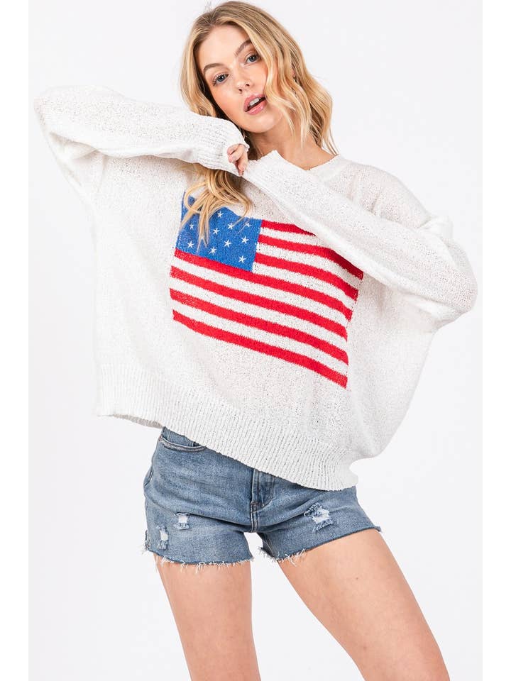WHITE RED BLUE AMERICAN FLAG SWEATER TOP for wholesale on Faire