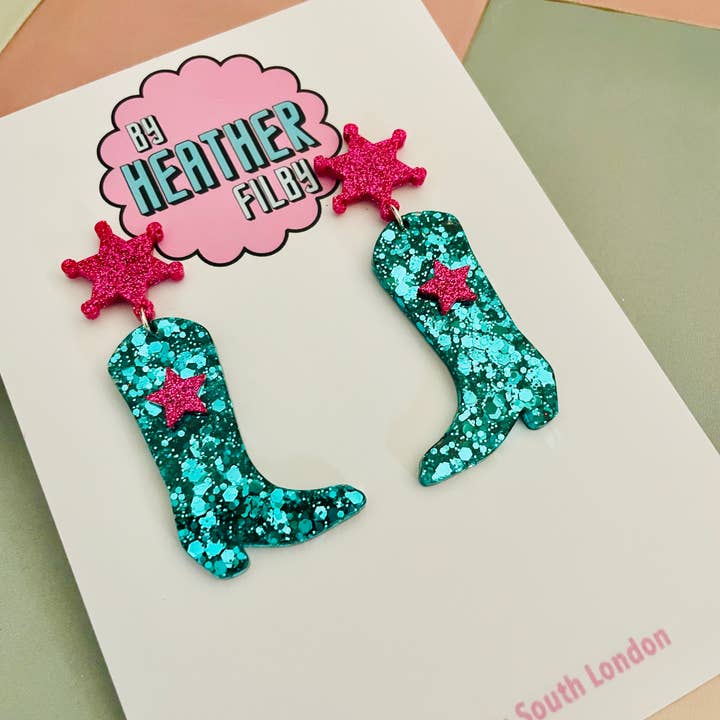 By Heather Filby - Wholesale Dangle Earrings - Cowboy Boot Glitter Earrings (MORE COLOURS) - Best Seller24