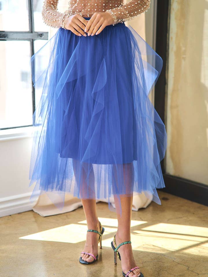 A-LINE FAIRY RUFFLE ELASTIC WAISTBAND MIDI SKIRT for wholesale by Davi & Dani