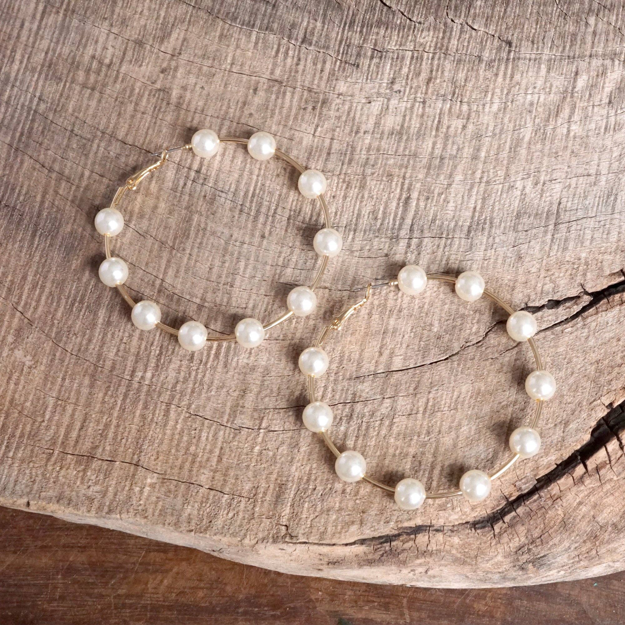 PennyLine inc - Wholesale Hoop Earrings - Large Golden Hoop Earrings with Pearls – 2.5" Drop4