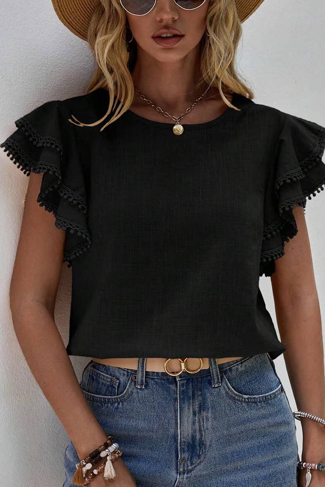 Comely Fashion - Vendita all'ingrosso Camicetta - Donna - Top a girocollo con maniche a balze in tinta unita7