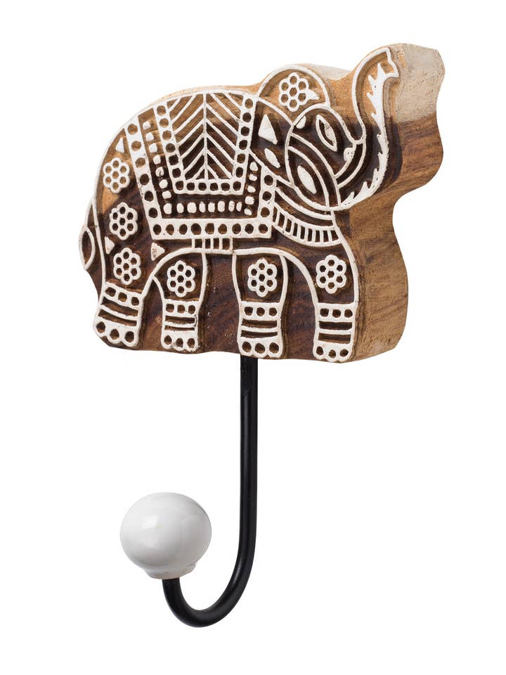 Gancho de pared con diseño de elefante, estilo bloque de impresión tallado en madera para venta al por mayor de Namaste