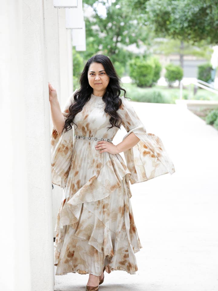 Tan Print Ruffle Dress for wholesale by Beautiful One Modest
