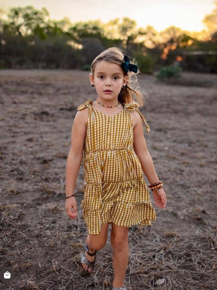 Emma Grace Shoppe - Wholesale Dress - Kids - EG Organic Tiered Tie- Dress - Golden Gingham