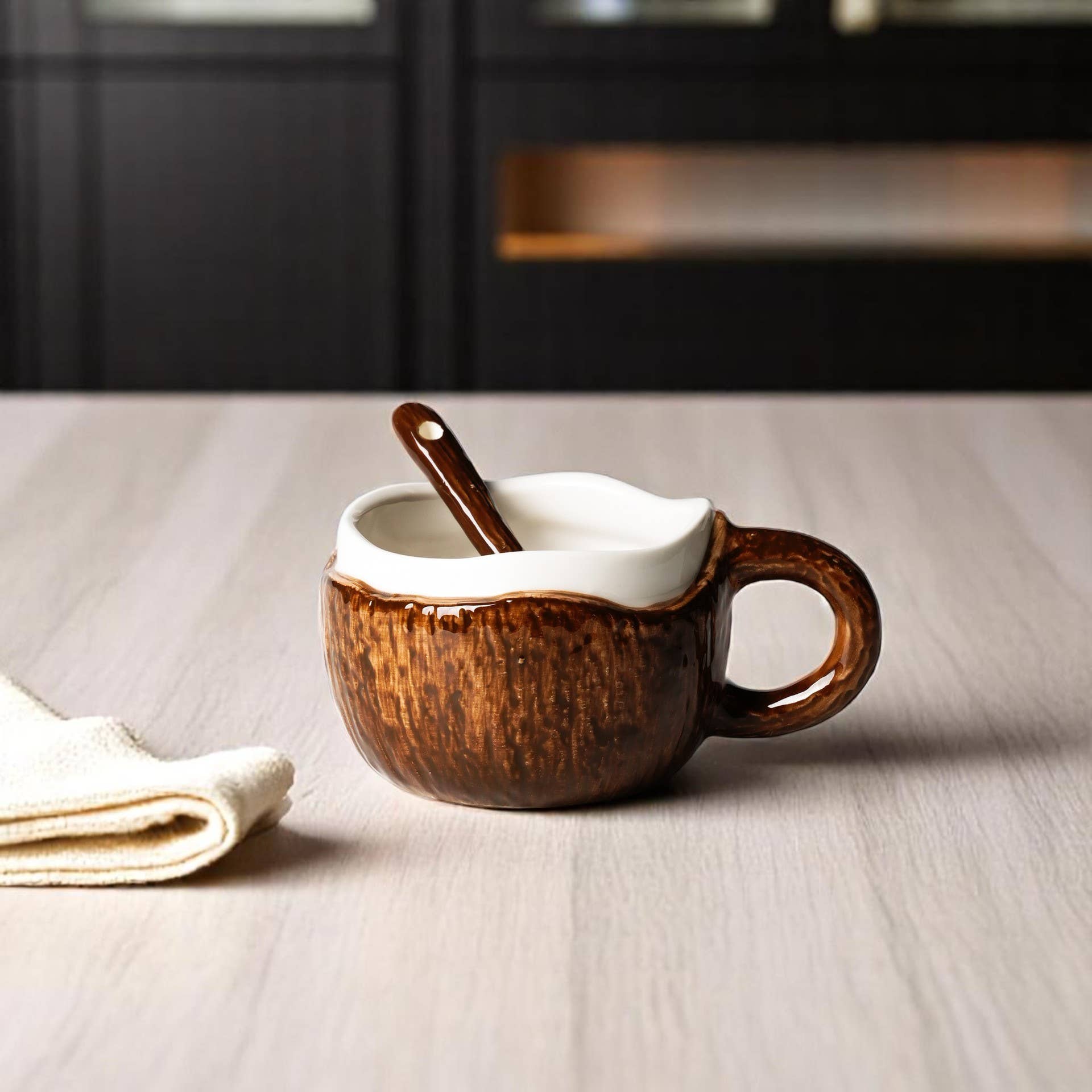 Homerely (We Cover All Import Duties) – wholesale Coffee mug – Creative Coconut Shape Ceramic Coffee Mug with Spoon0