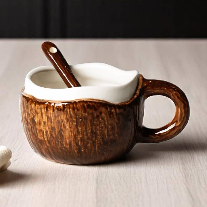 Creative Coconut Shape Ceramic Coffee Mug with Spoon for wholesale by Homerely (We Cover All Import Duties)