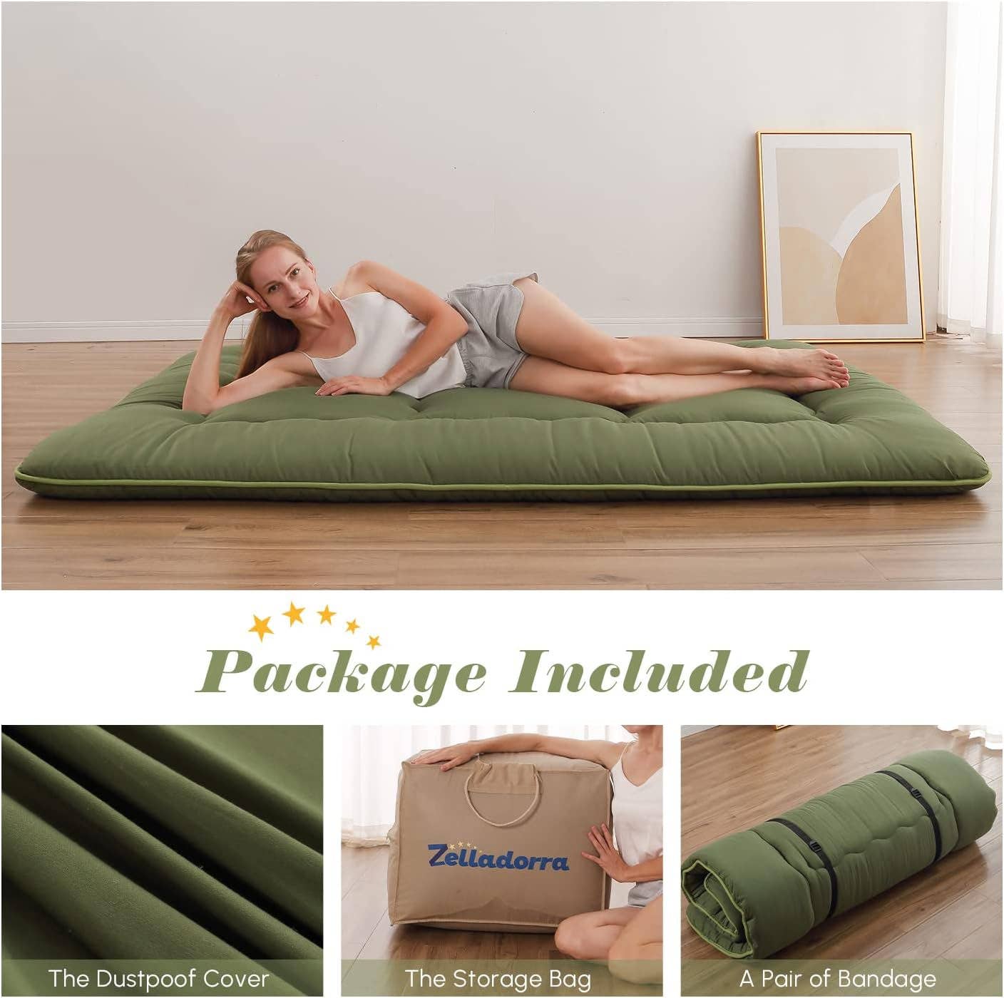 Green Twin Futon Mattress Portable, Roll-Up, Thick Tatami Style for wholesale on Faire1