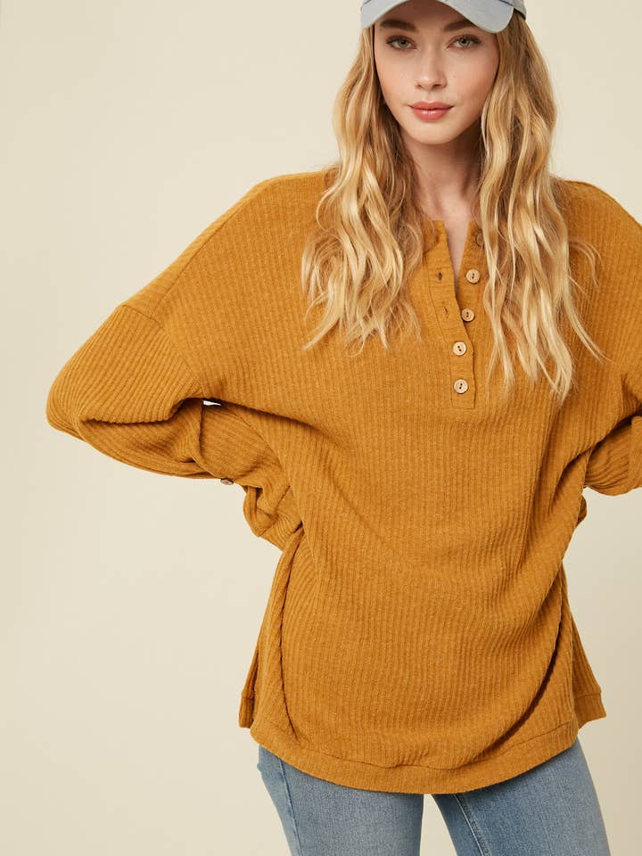 Ribbed Button-Front Henley Long Sleeve Top LT1067 for wholesale by Listicle