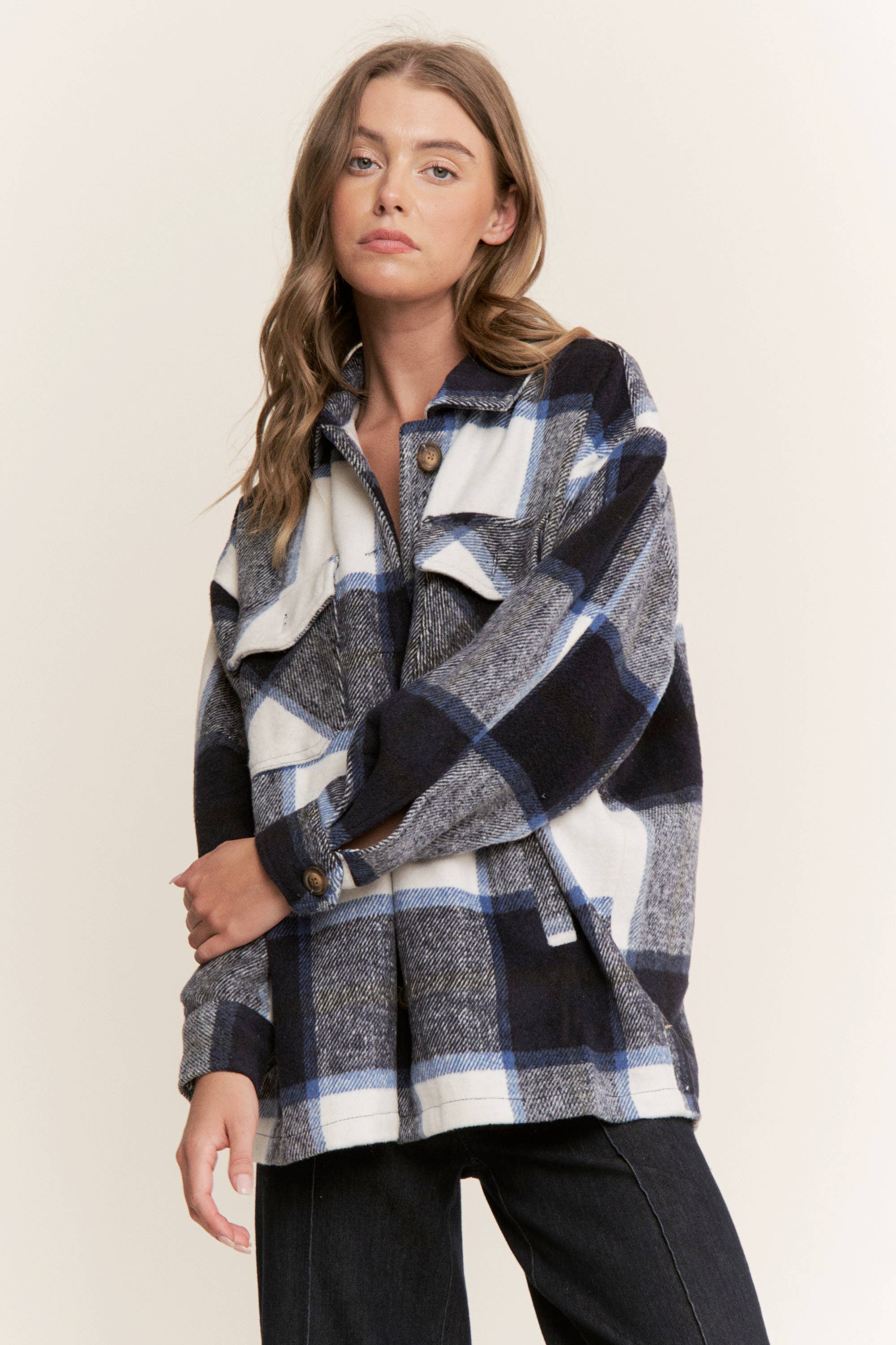 Sweet Generis - Wholesale Shirt Jacket/Shacket - Women's - FUZZY PLAID BUTTON DOWN FLANNEL SHIRT JACKET16