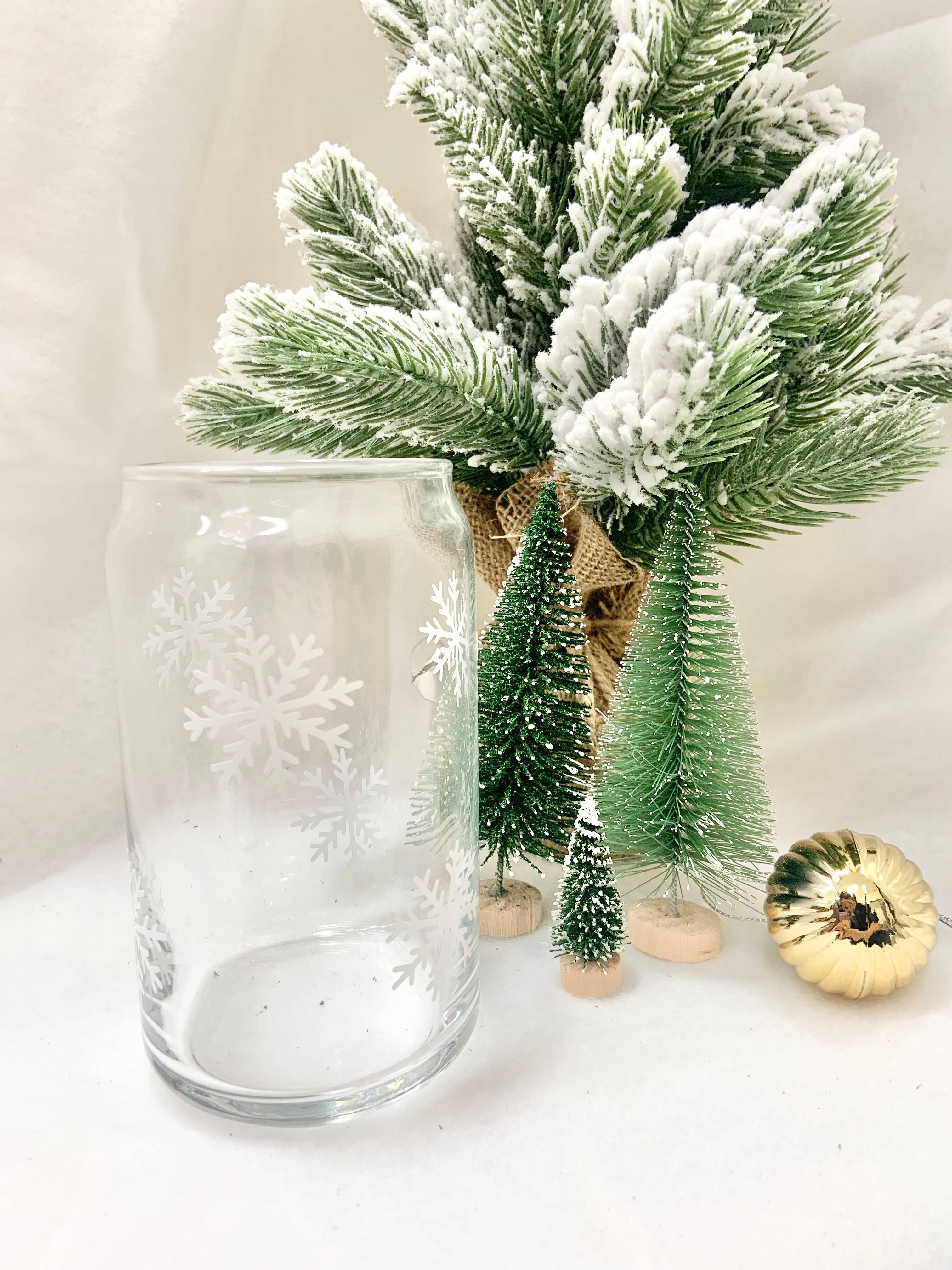 White Snowflake 16 oz Glass Cup for wholesale on Faire1