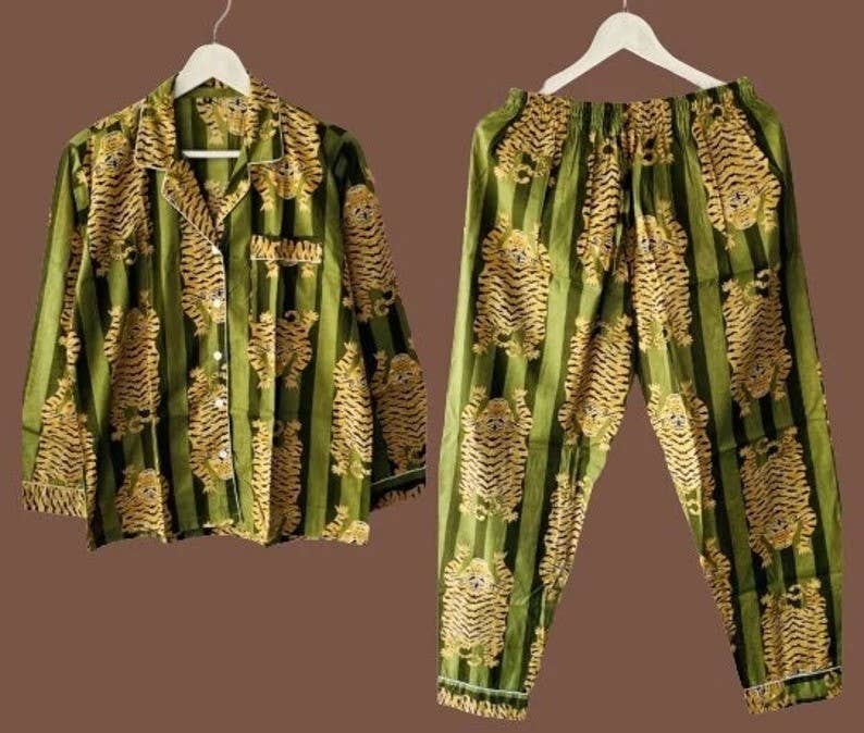 bhavnas boutique - Wholesale Lounge Top - Women's - Women Cotton PJ Sets Tiger Print Pants Shirt Set0
