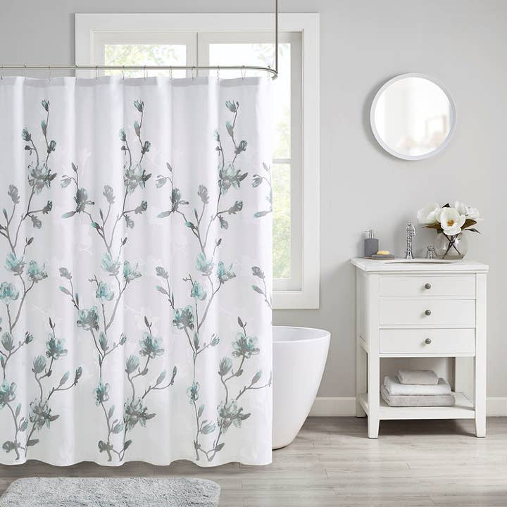 Devore Floral Shower Curtain, Aqua Blue for wholesale by Olliix
