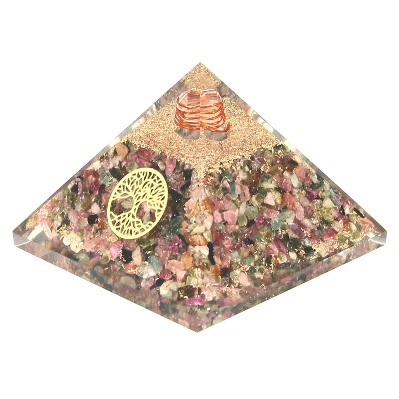 Artisans de Madagascar – wholesale Spiritual stone/crystal – Orgonite Multi-Coloured Tourmaline Pyramid Tree of Life 7.5 cm1