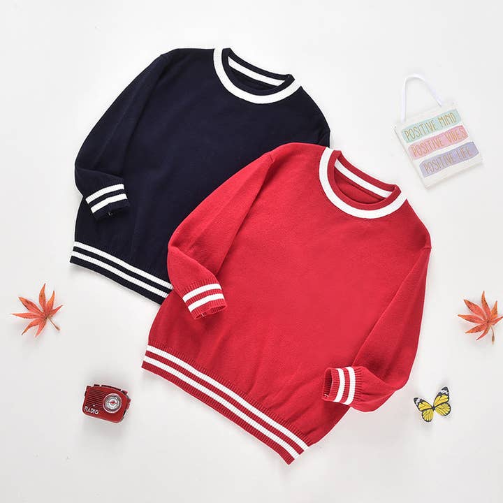 Baby Solid Color Striped Hem Design O-Neck Knit Sweater for wholesale by MyKids-USA®