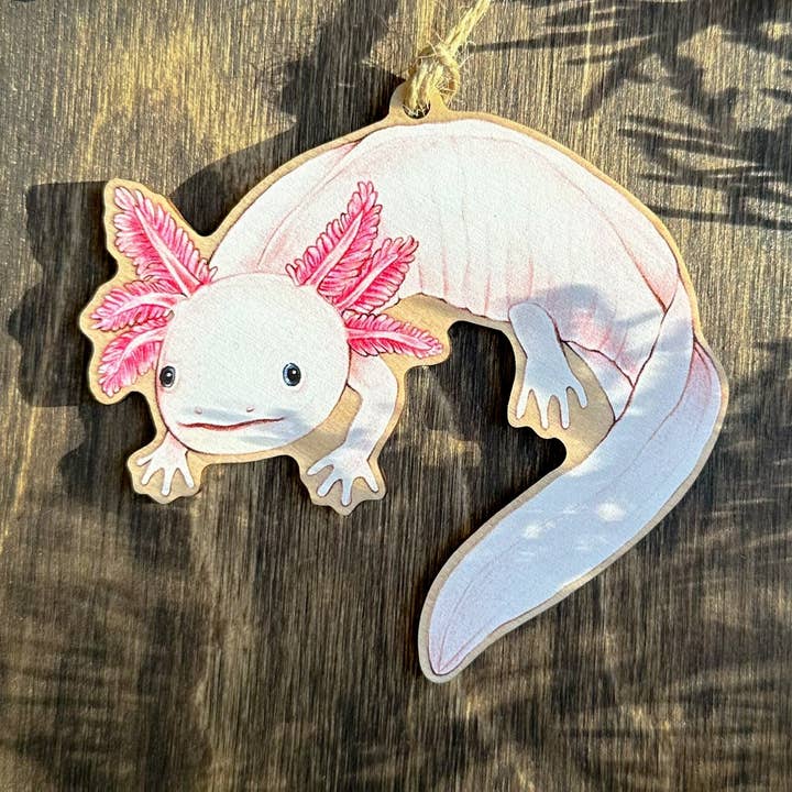 Axolotl Wood Print Christmas Ornament for wholesale by Allison Stoiser Art