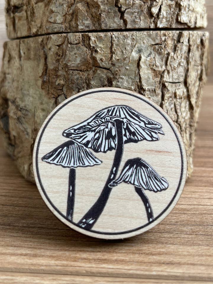 Inkcap fungi Wooden Pin Badge - toadstool, nature brooch. for wholesale by Jackdaw and Bear