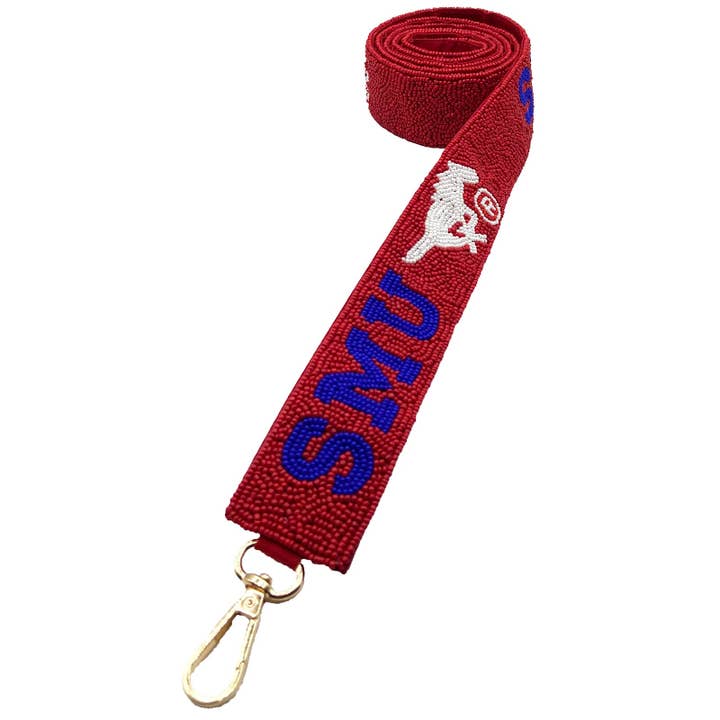RED SMU BEADED BAG STRAP for wholesale by Pizzazz, Inc.