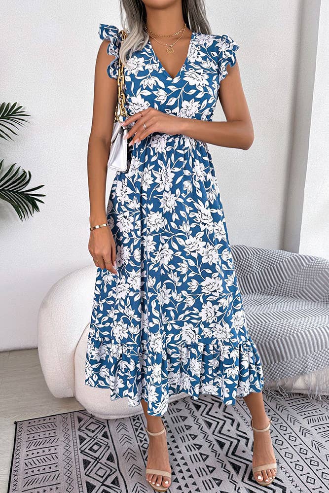 UNISHE - Wholesale Dress - Women's - V Neck Flutter Sleeves Maxi Floral Dress BJS0674