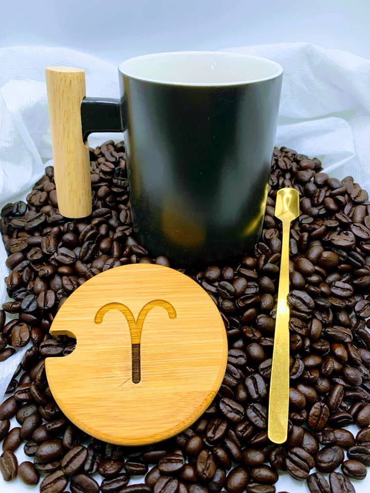 Aries Zodiac Sign Coffee Cup with Bamboo Lid and Spoon for wholesale by Zodiac Girl Coffee Comapny