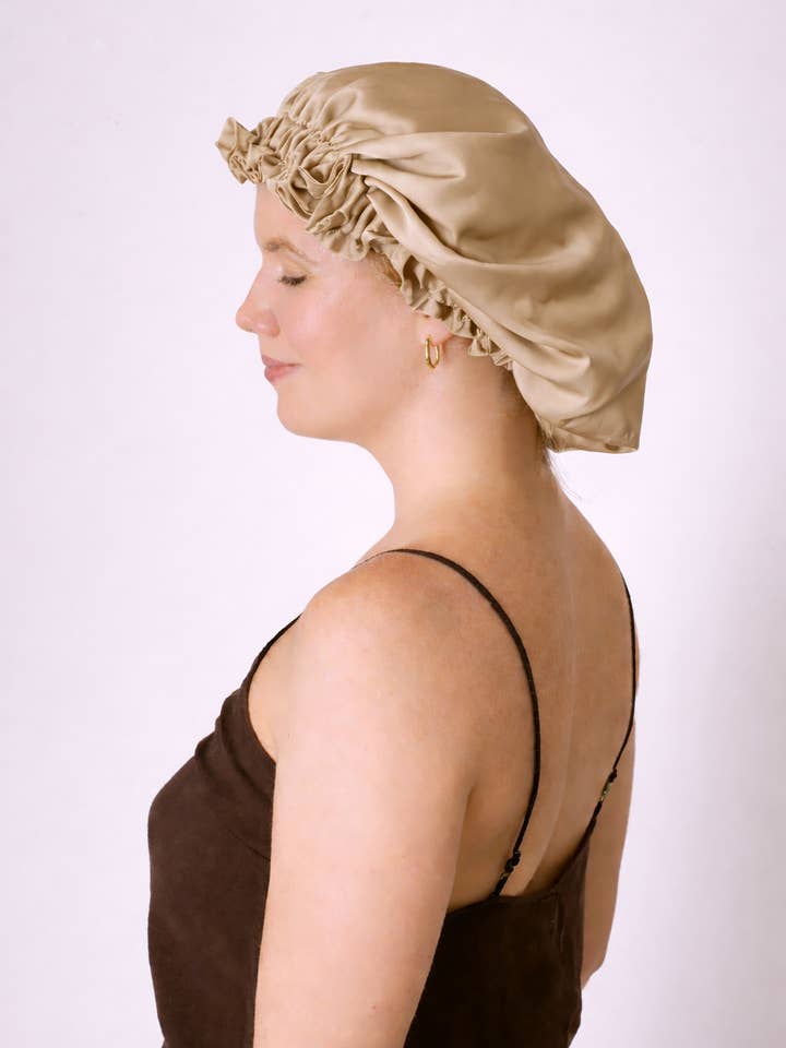 Beige Mulberry Silk Bonnet/Hair Turban/Sleep Bonnet for wholesale by Silk Diversity