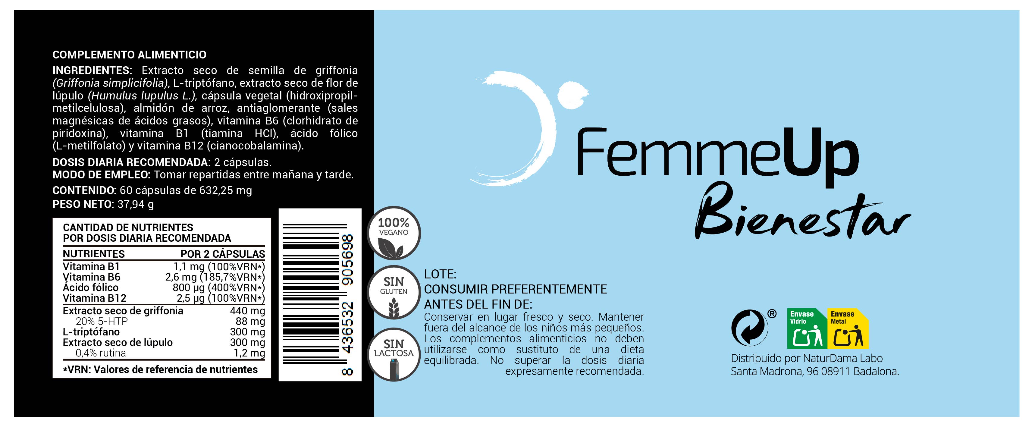 Femmeup - Wholesale Oral Supplement/Vitamin - FEMMEUP WELLNESS Griffonia 5HTP, L-Tryptophan, hops, B1 6 126