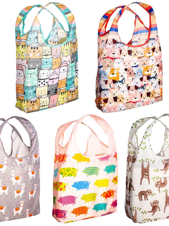 O-WITZ 5-Pack Reusable Shopping Bags Animal Patterns for wholesale by greatique