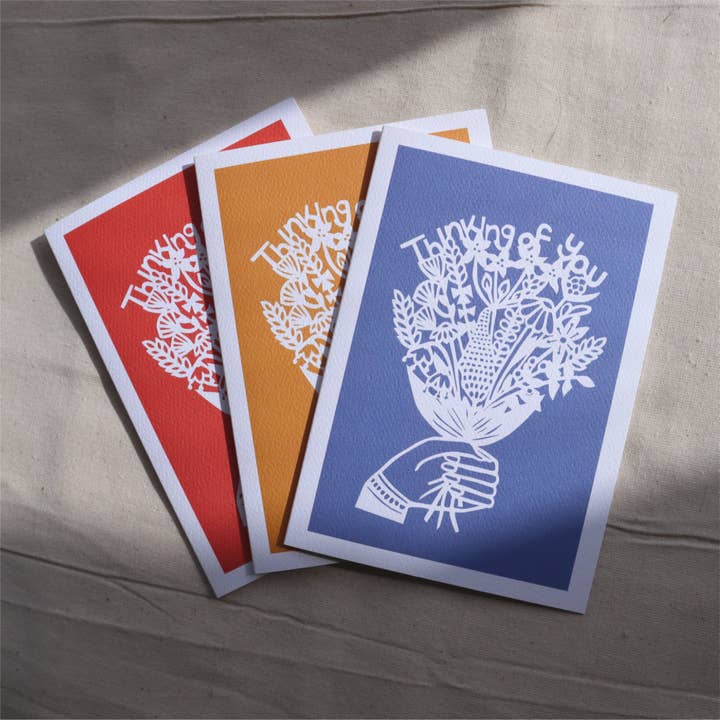 Thinking of You Flowers card - 3 block colours for wholesale by Gemma Barnett