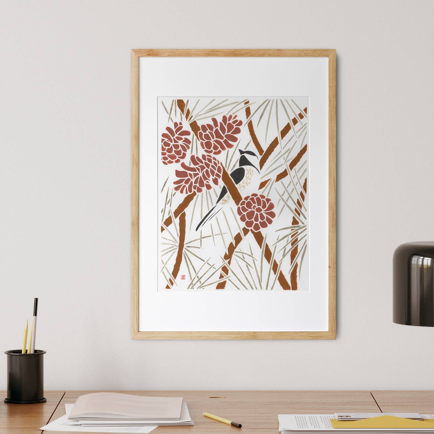 Mayuko Fujino Bird & Nature Art - Wholesale Art Print - Art print: Chickadee on a Pine Tree (11 x 14 inches)1