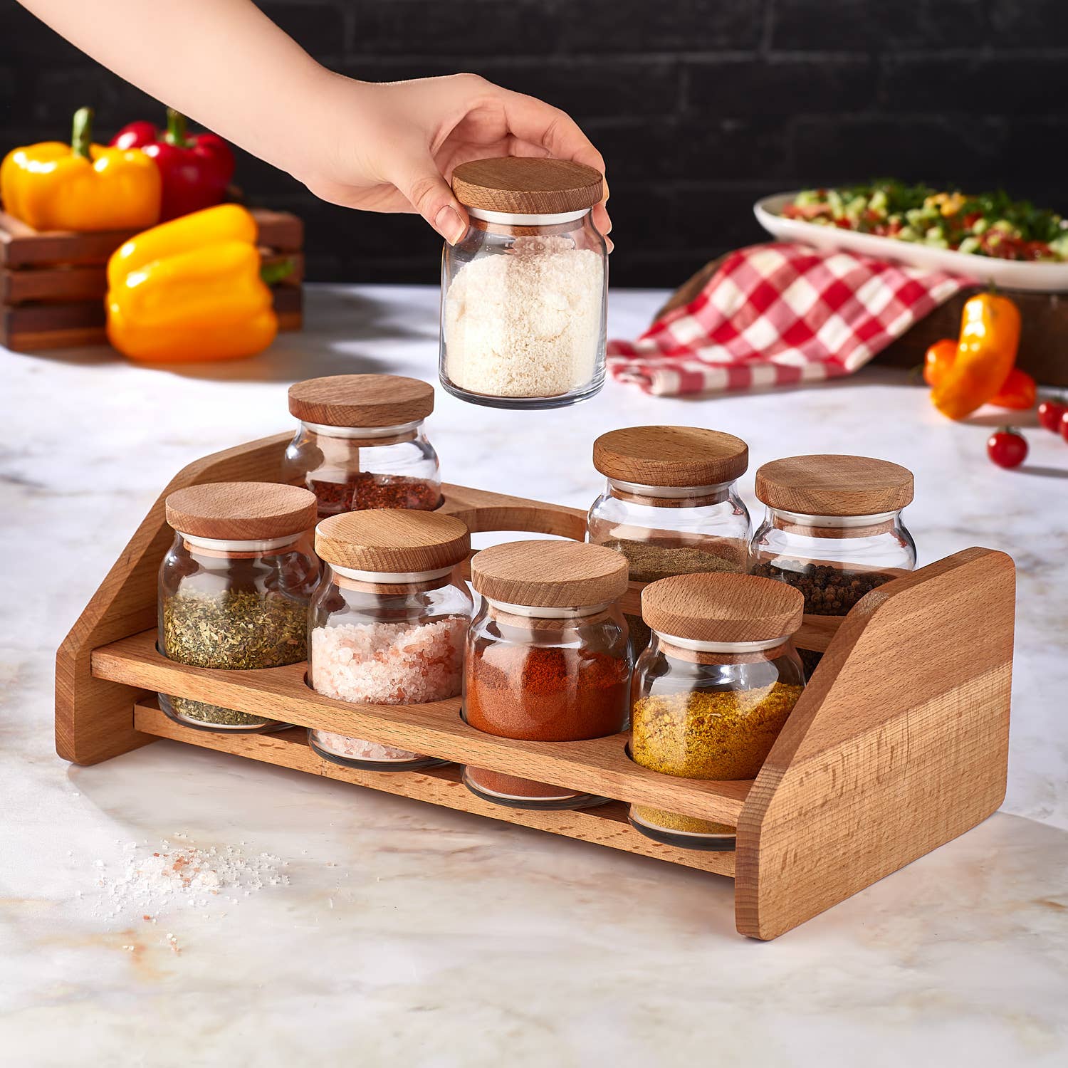 Joy Kitchen – wholesale Jar – Houten kruidenrek met glazen kruidenpotjes | cadeau set1