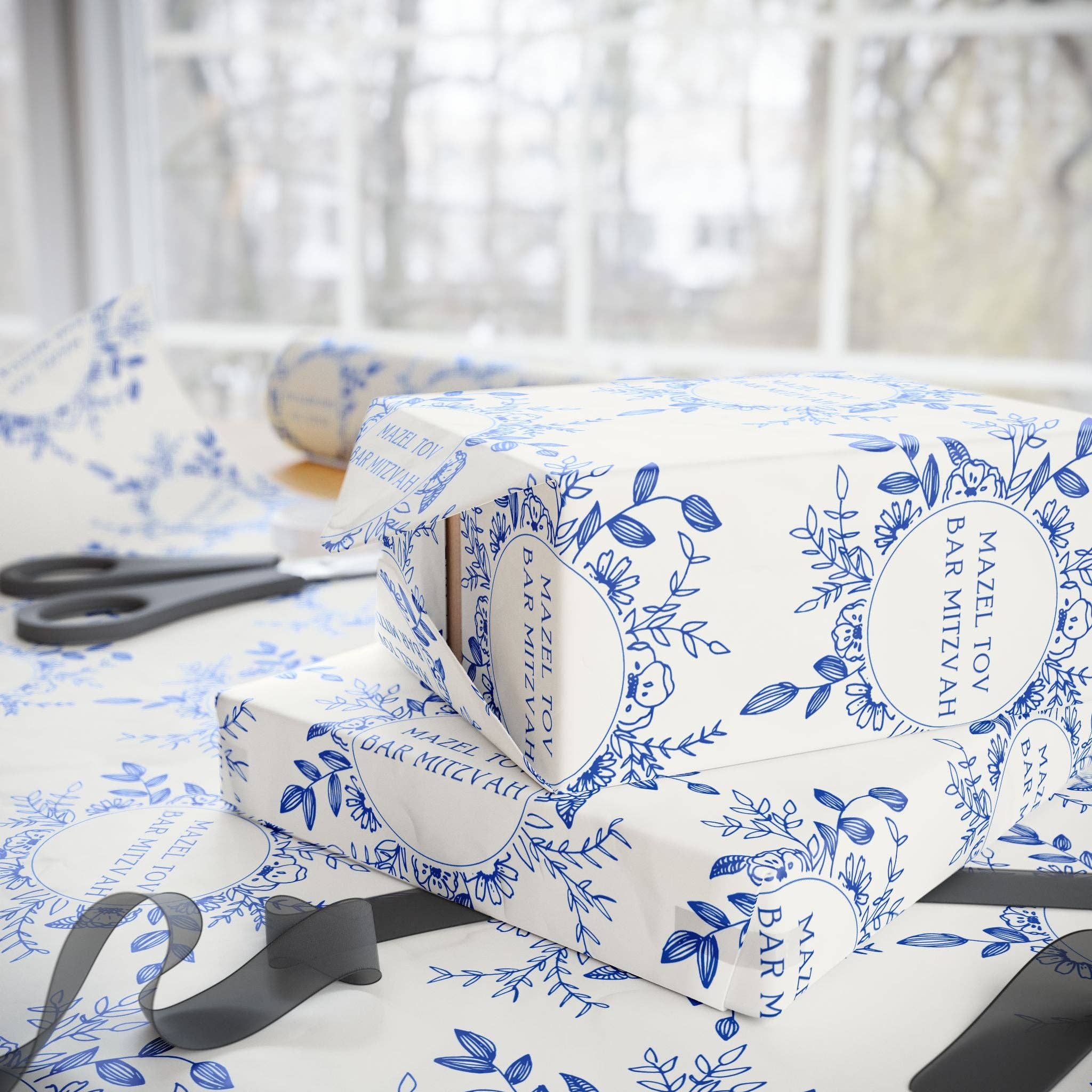 Lokipawz - Wholesale Flat Wrap - Mazel Tov Bar Mitzvah Blue Floral Gift Wrap11