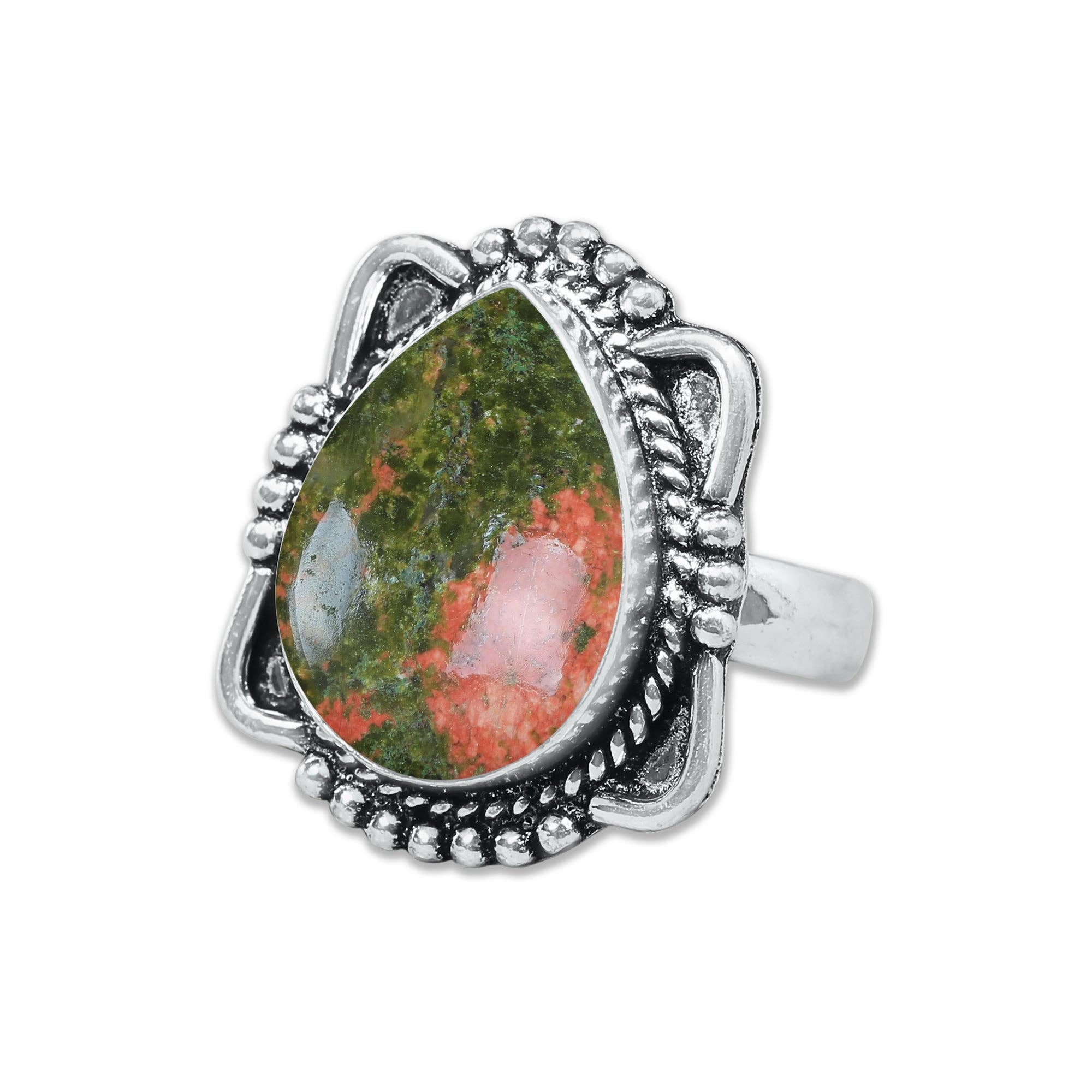 Handmade Jewels - Vente Bague de cocktail/de cérémonie - Bagues en unakite – Fait main, plaqué argent, rose-vert terreux (fabriqué sur commande)12