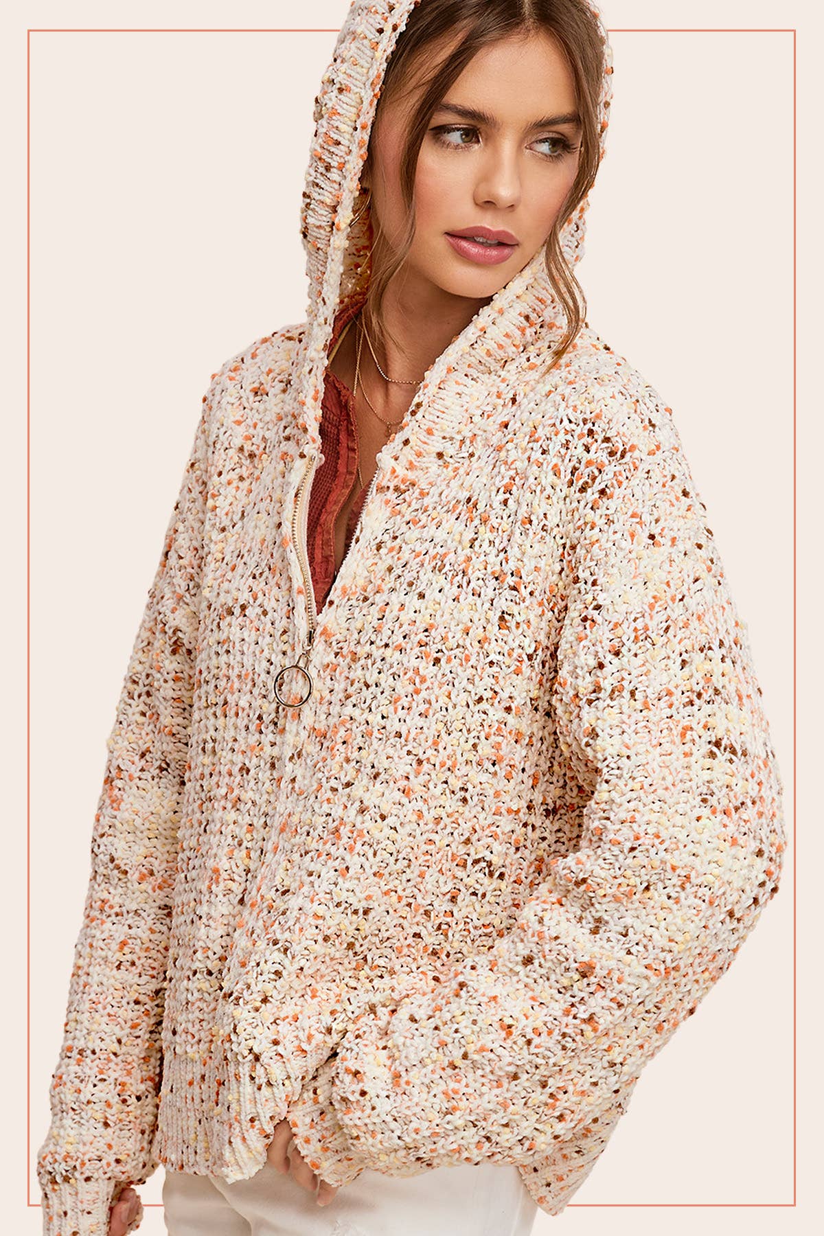 La Miel - Wholesale Hoodie - Women's - JCS3569-Multi Color Confetti Zip-Up Hoodie Sweater0