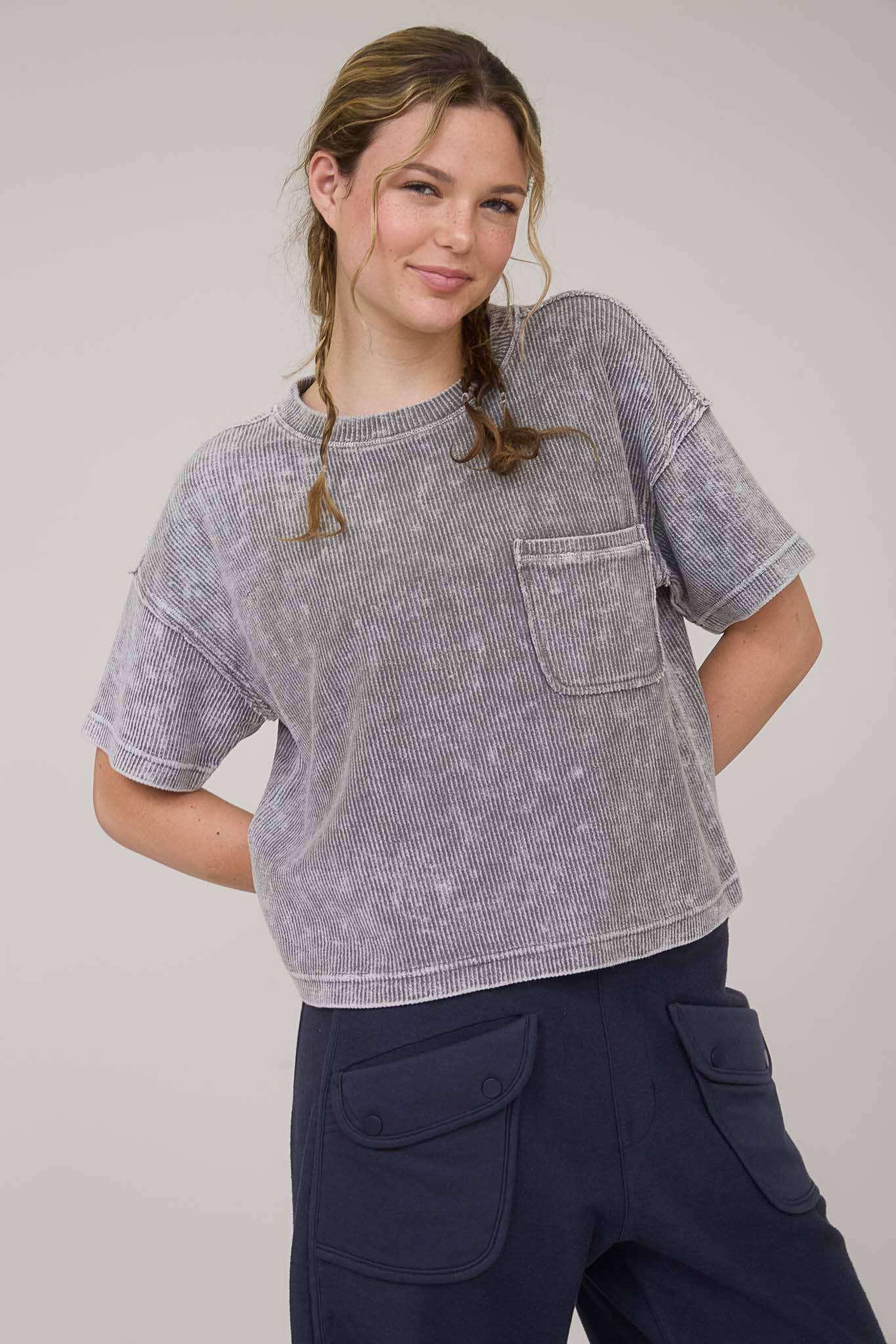 J.O.A - Wholesale Knit Top - Women's - WASHED RIBBED SHORT SLEEVE TEE WITH POCKET16