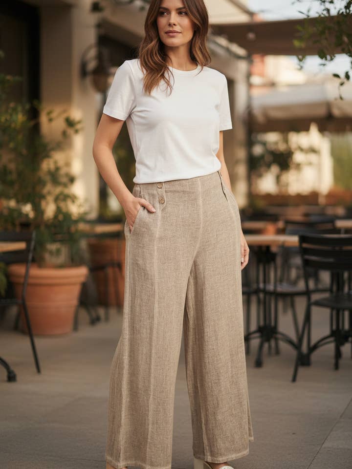 Linen and cotton trousers with side buttons LEL-PT10489 for wholesale by ORNELLA PARIS