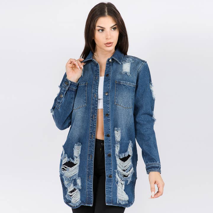 American Bazi - Wholesale Shirt Jacket/Shacket - Women's - LONG LENGTH DENIM SHIRTS JACKET-RJK3712SI