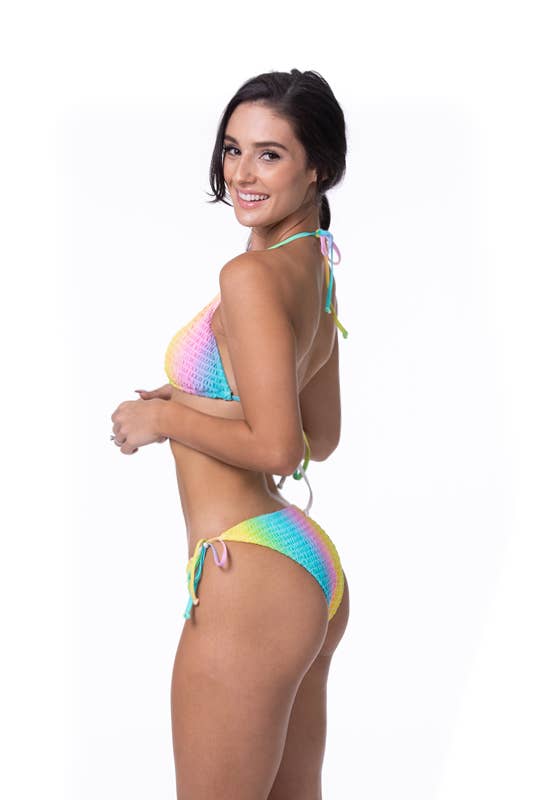 Pick Pink - Wholesale Two Piece Swimsuit - Women's - 421647-SMOCKED RAINBOW COLORFUL TRIANGLE BIKINI SET2