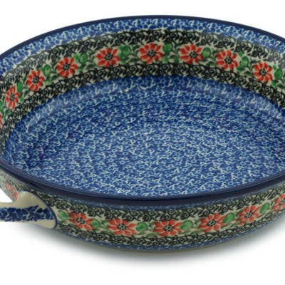 Polmedia Polish Pottery - Wholesale Baking Dish - Round Baker with Handles Medium Red Zinnia Theme