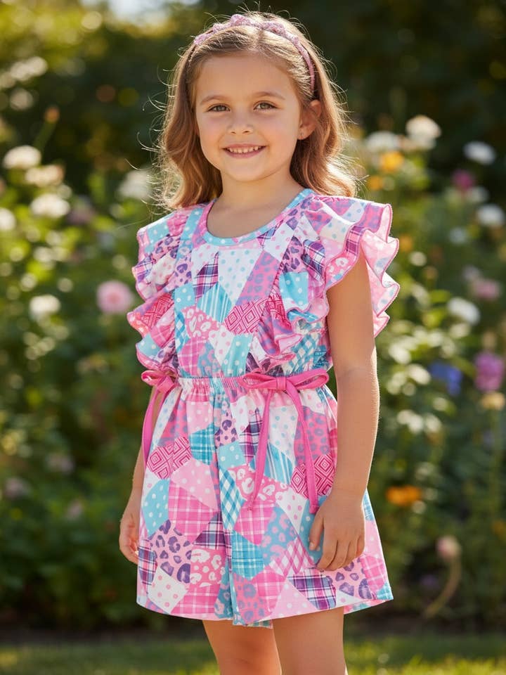 Multi-patch printed romper with ruffle sleeves. PNG60118 AMY for wholesale by Kids Charm Online