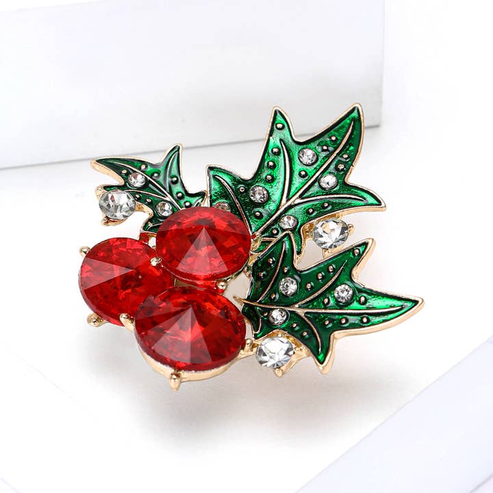 Tourtiwi - Wholesale Brooch - Christmas Red Berries & Green Leaves Rhinestone Holly Brooch2