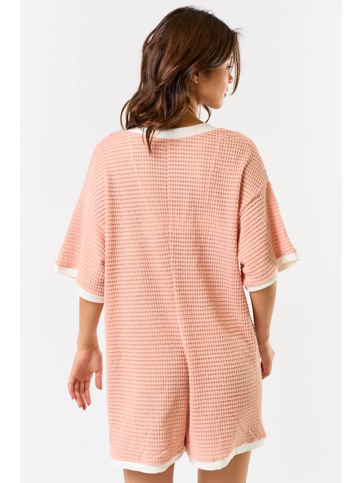 ROSE BR24220 CROCHET OPEN KNIT CONTRAST DEEP V-NECK ROMPER for wholesale on Faire