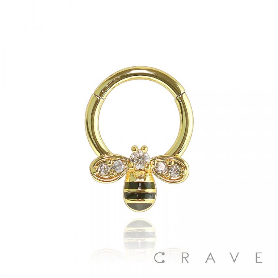 CRAVE – wholesale Single earring – 316L SS GEM PAVED BEE FRONT HINGED SEGMENT RING2