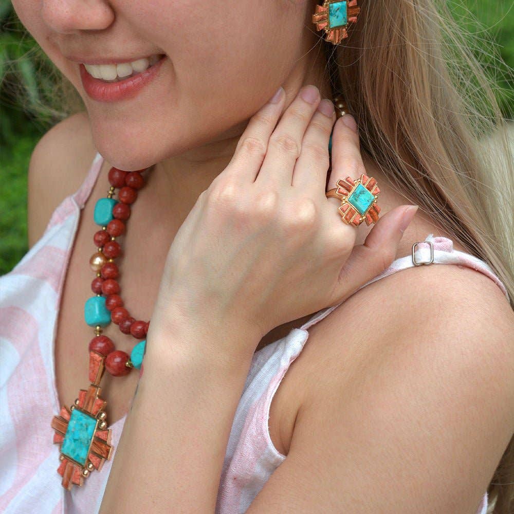 Barse Jewelry - Vente Bague de cocktail/de cérémonie - Bague de déclaration dorée en turquoise bleu Santa Fe et opale cuivrée4