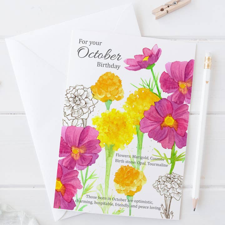 Biglietto di auguri con fiori di nascita di calendula, compleanno di ottobre per la vendita all'ingrosso da parte di Rugosa & Pine