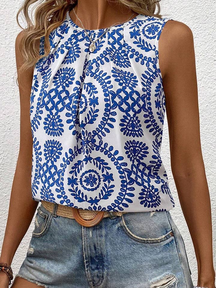 Blue Vintage Print Pintuck Crew Neck Tank Top for wholesale on Faire