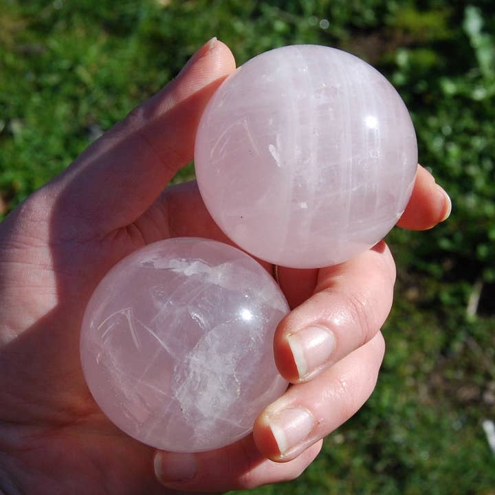 ONE Gemmy Rose Quartz Crystal Sphere, Many Sizes, Brazil for wholesale by Caspar Curiosities