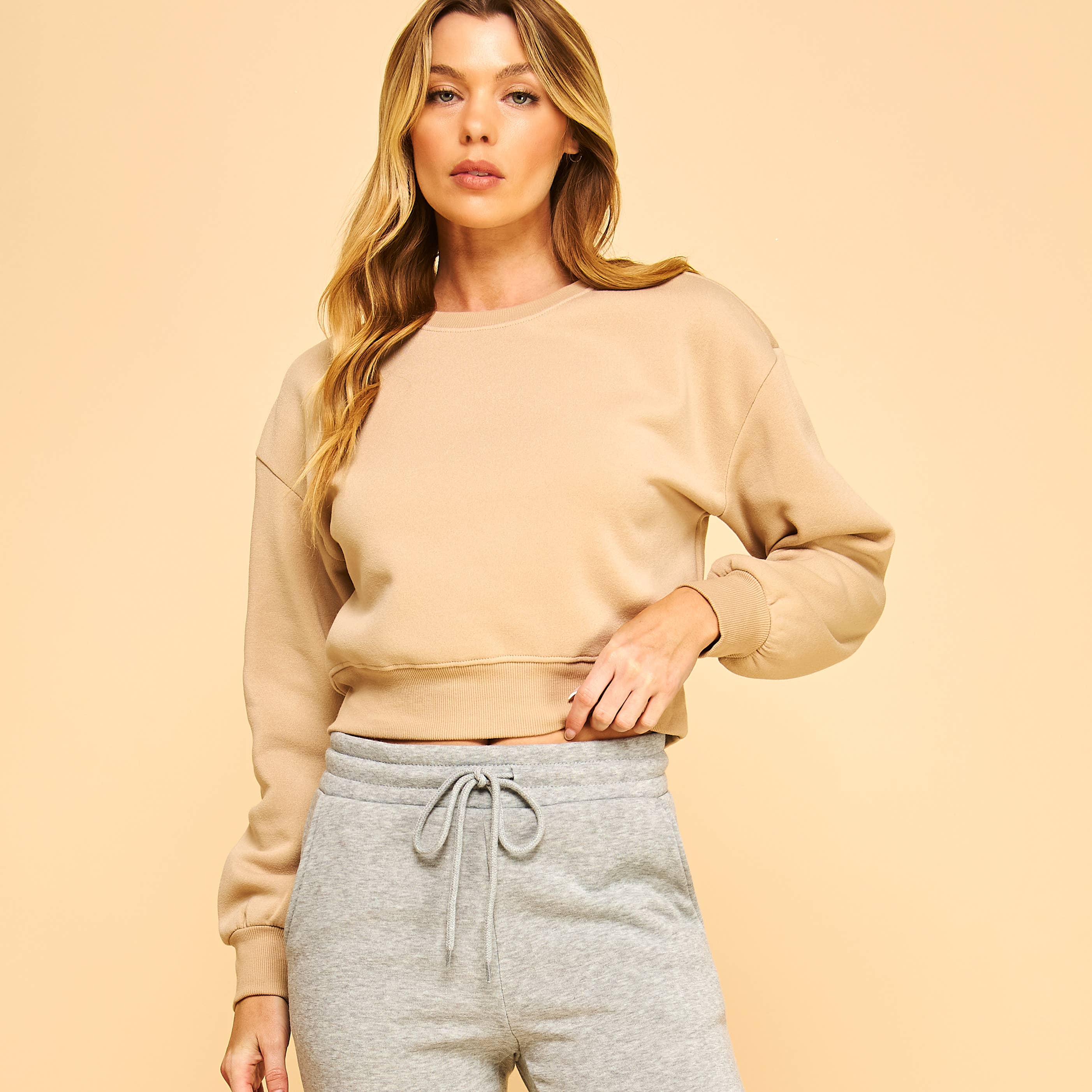 FREEZIA - Wholesale Sweatshirt - Women's - FLEECE CREW NECK CROPPED PULLOVER SWEATSHIRTS TOP-F75480-D12