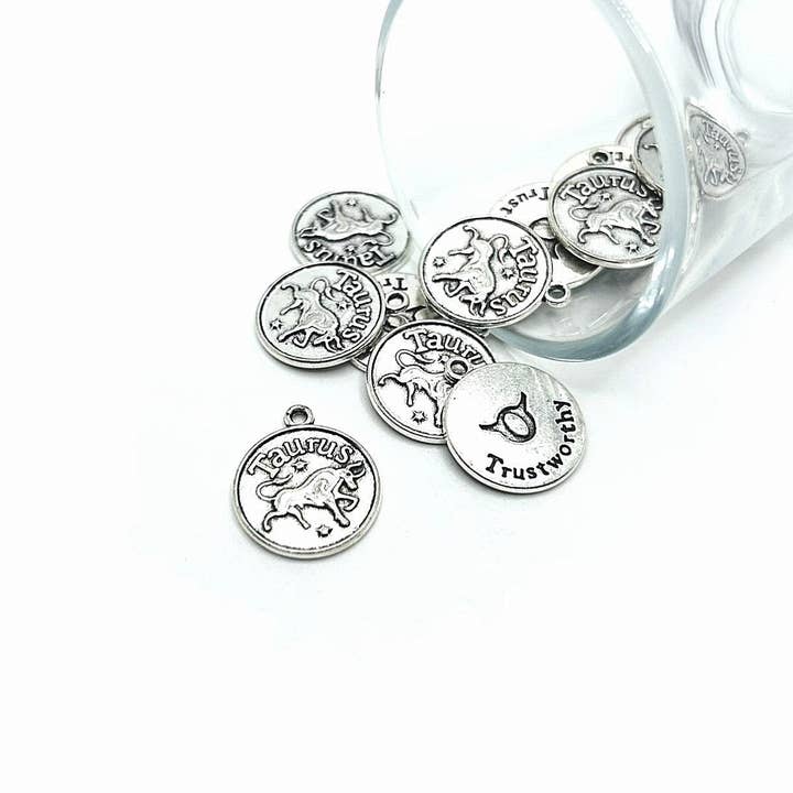 Silver Taurus Zodiac/Astrology Coin Charms, 17x20mm for wholesale by Guerrilla Charm