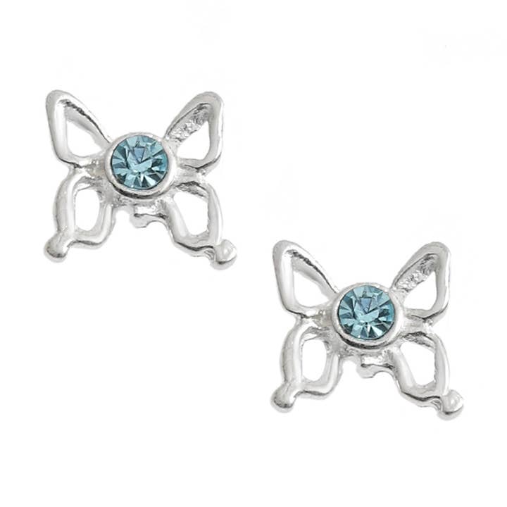 Clous d'oreilles papillon en argent 925 avec cristal aqua (USA-DDP) pour la vente par Silver Jewellery Cavern Wholesale